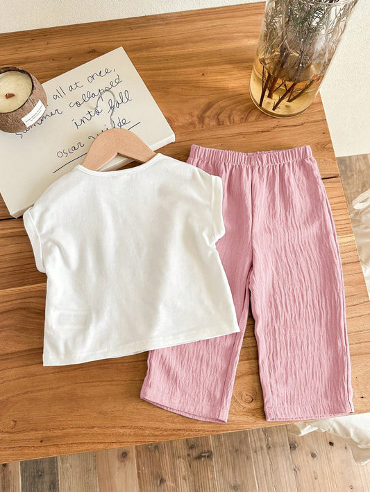 Girl Pattern Short Sleeve T-Shirt & Elastic Waist Blue Pants 2pc Set