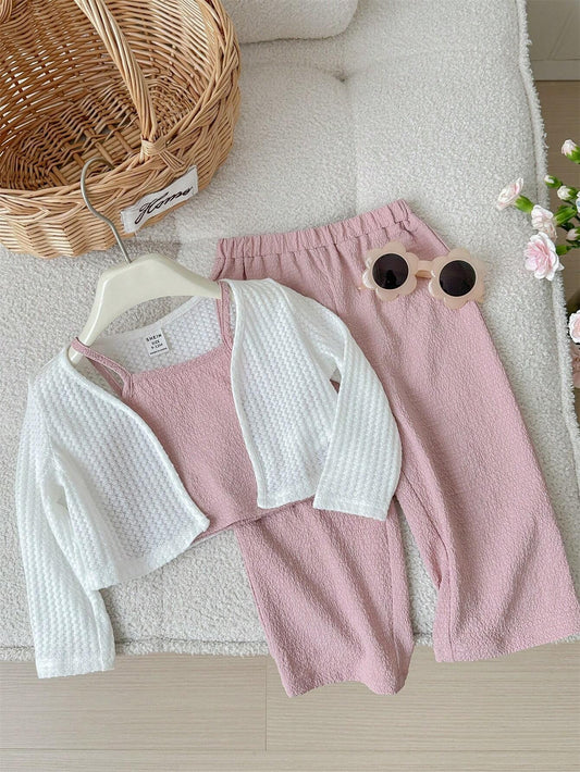 Baby Girl Cute Knitted Long Sleeve Jacket Solid Color Tank Top Long Pants