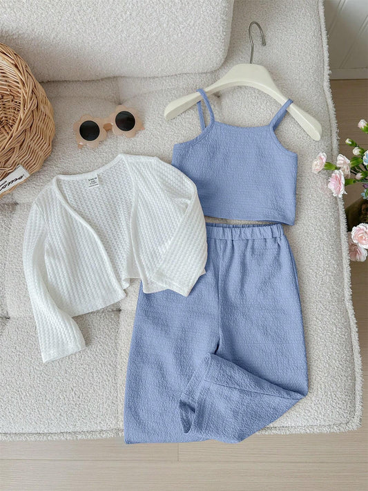 Baby Girl Cute Knitted Long Sleeve Jacket Solid Color Tank Top Long Pants