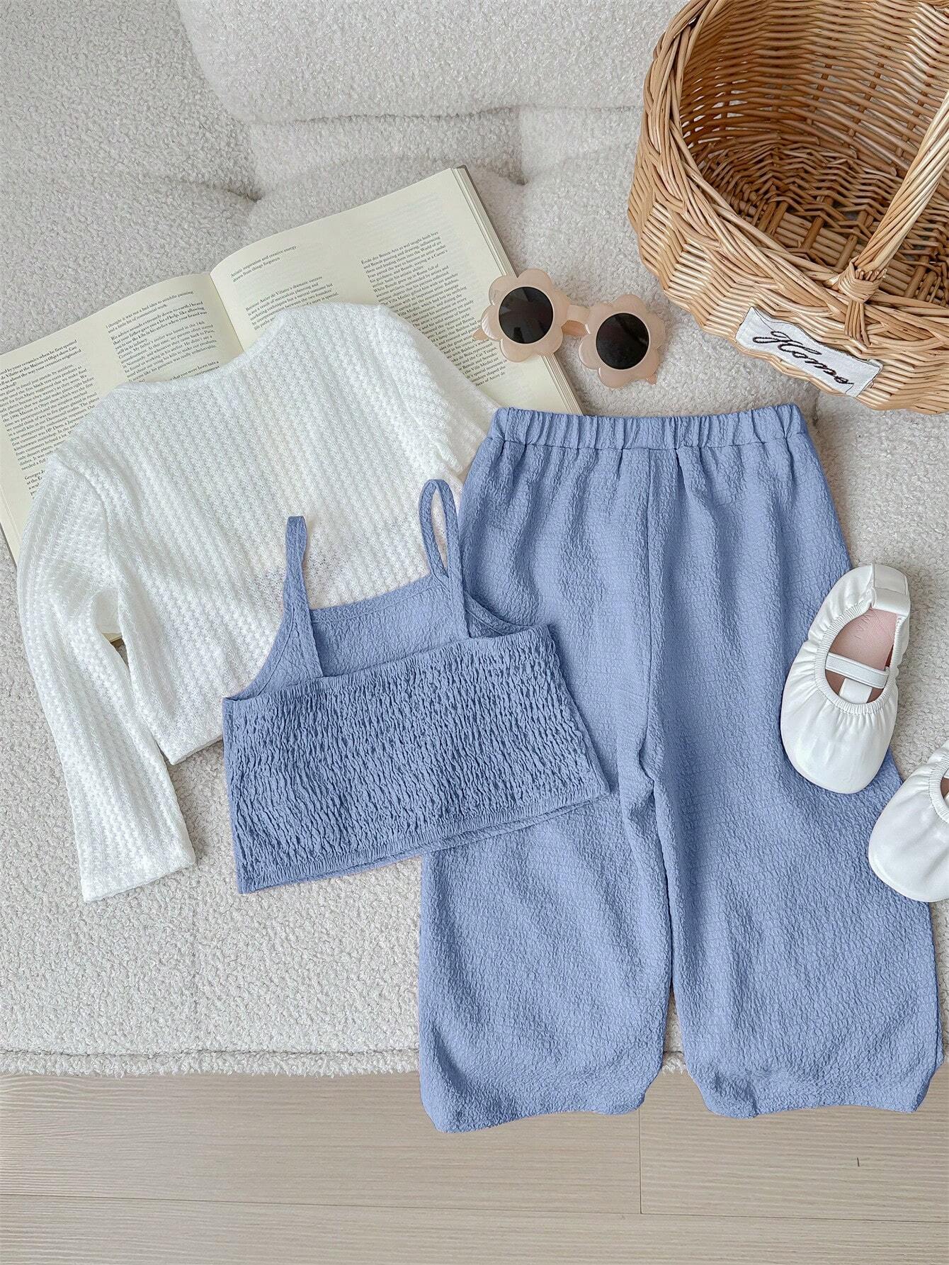 Knitted Long Sleeve Cardigan Tank Top & Long Pants 3pcs Outfit