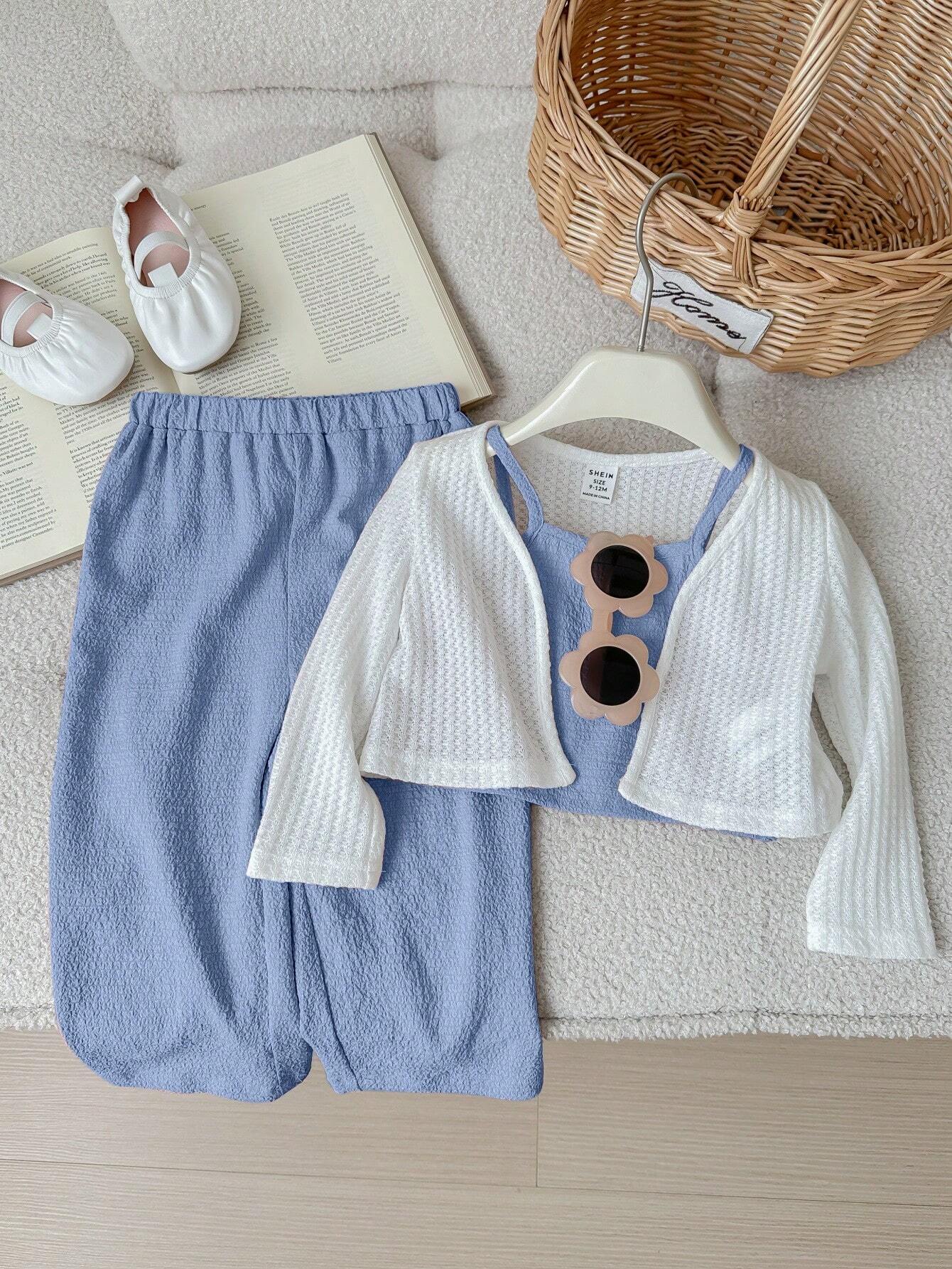 Knitted Long Sleeve Cardigan Tank Top & Long Pants 3pcs Outfit