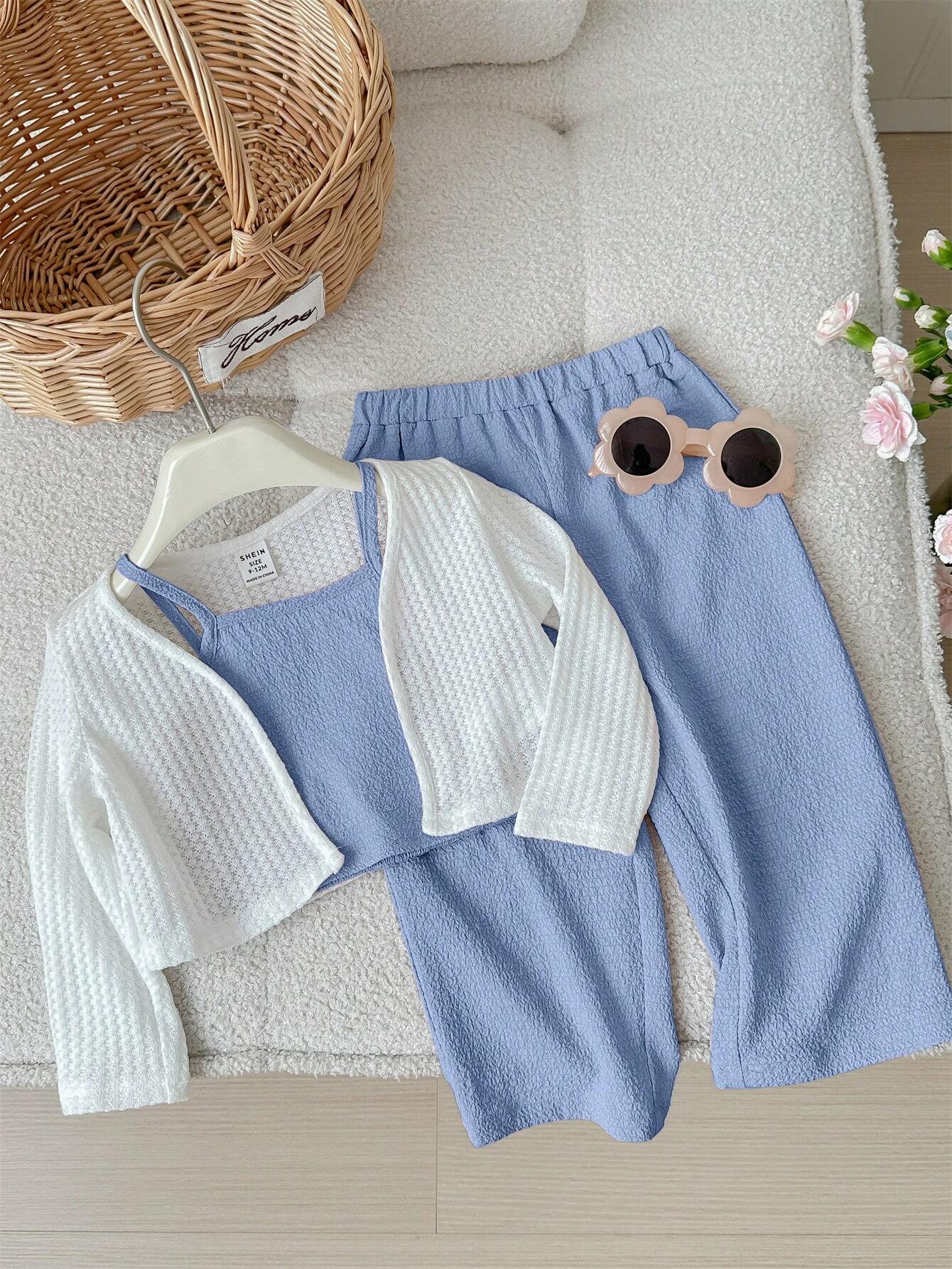 Knitted Long Sleeve Cardigan Tank Top & Long Pants 3pcs Outfit