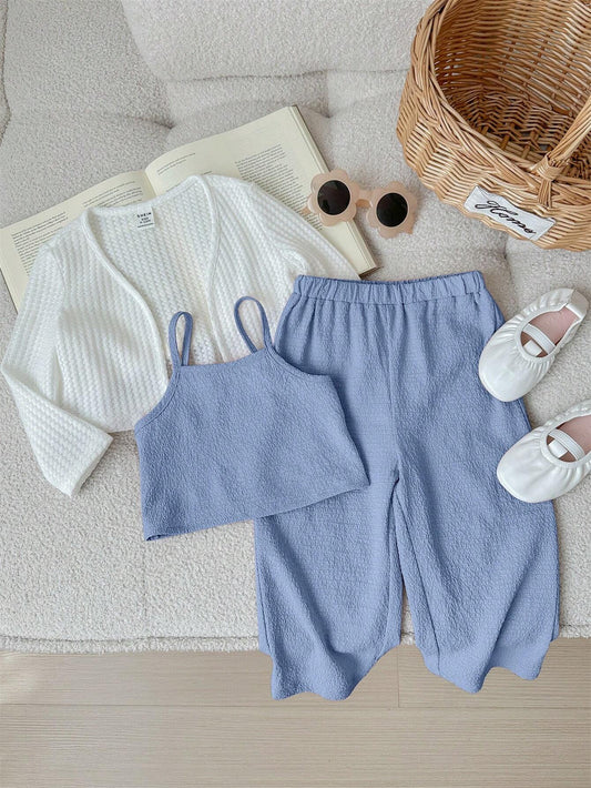 Knitted Long Sleeve Cardigan Tank Top & Long Pants 3pcs Outfit