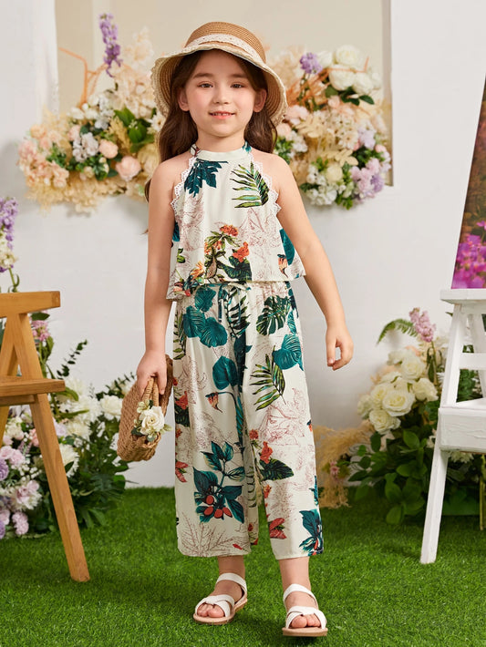 Leap Crew Young Girl Tropical Print Halter Top & Wide Leg Pants