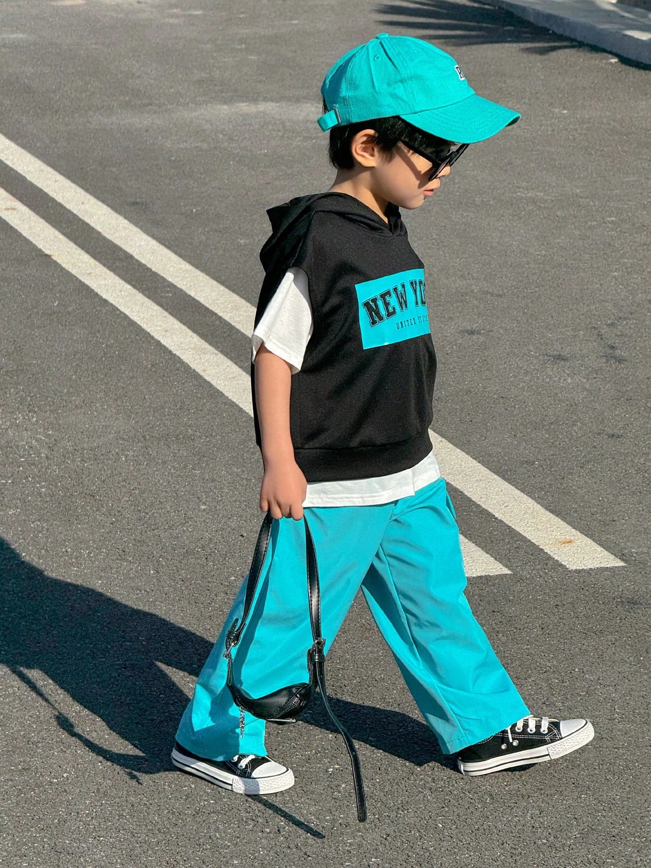 2pcs/Set Young Boy Letter Print Raglan Hoodie And Wide Leg Sweatpants Set