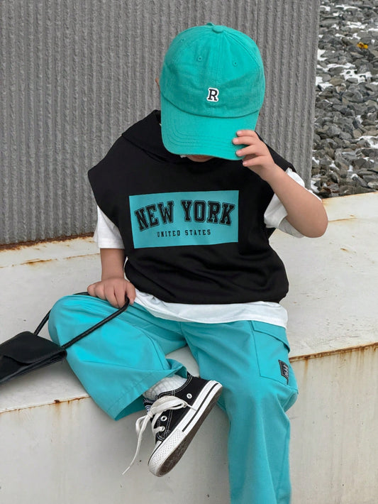 2pcs/Set Young Boy Letter Print Raglan Hoodie And Wide Leg Sweatpants Set