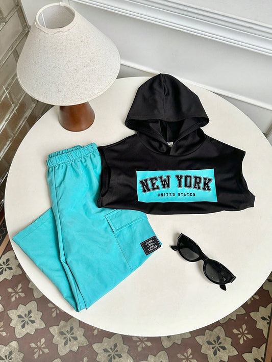2pcs/Set Young Boy Letter Print Raglan Hoodie And Wide Leg Sweatpants Set