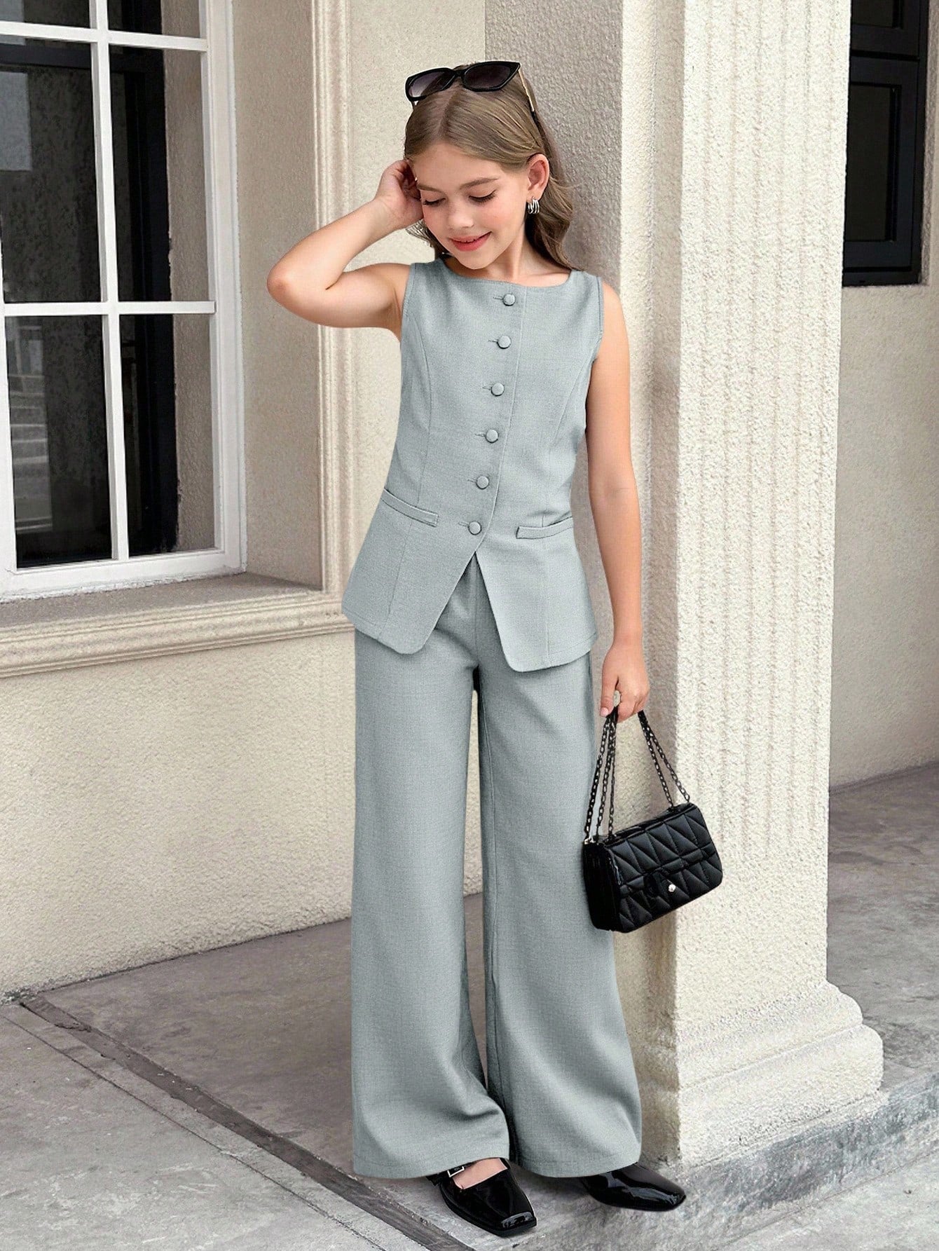 Striped Cropped Round Neck Sleeveless Button Front Vest Top And Straight Leg Pants Mint Green