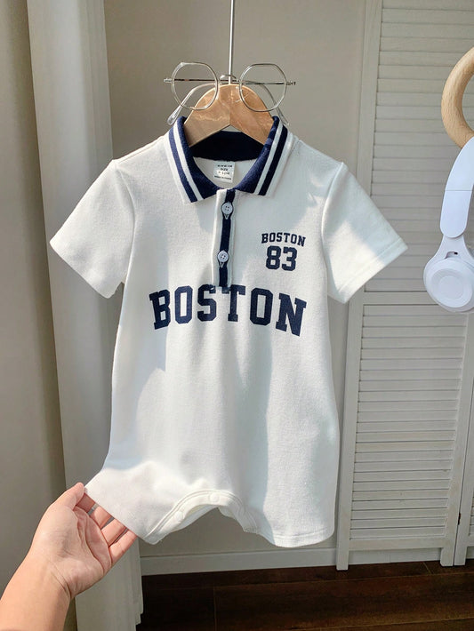 Mummy & Mee, Baby Boy Cute Summer Casual Knit Letter Pattern Color Block Romper