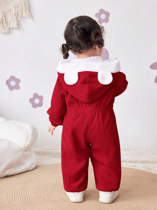 Cute Corduroy Hooded Warm Color Block Jumpsuit