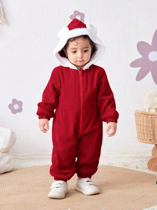 Cute Corduroy Hooded Warm Color Block Jumpsuit
