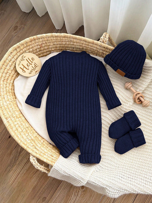 Knitted Romper With Footies And Hat Set