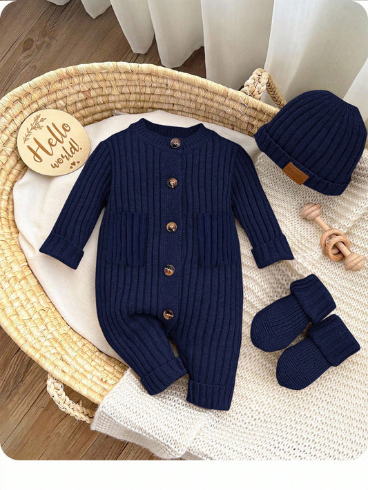 Mummy & Mee Knitted Romper With Footies And Hat Set,