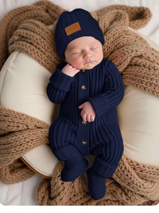 Knitted Romper With Footies And Hat Set