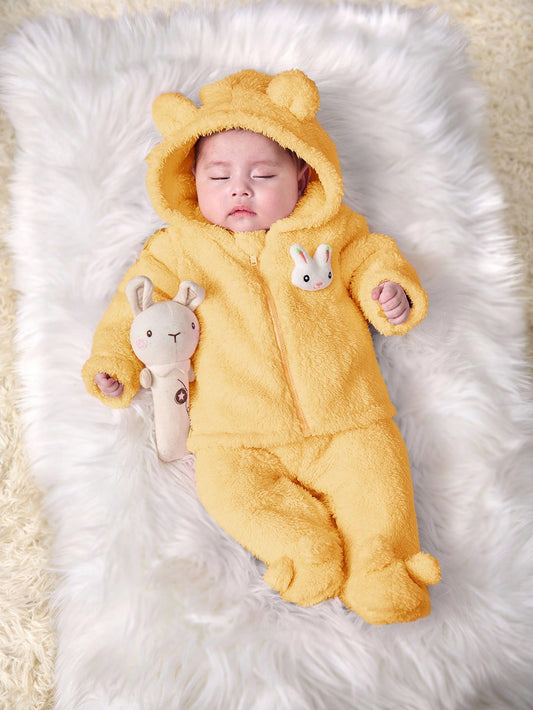 SHEIN Newborn Baby Girl Cute Pink Fluffy Cartoon Pattern Hooded Jacket And Elastic Waist Pants 3-6M
