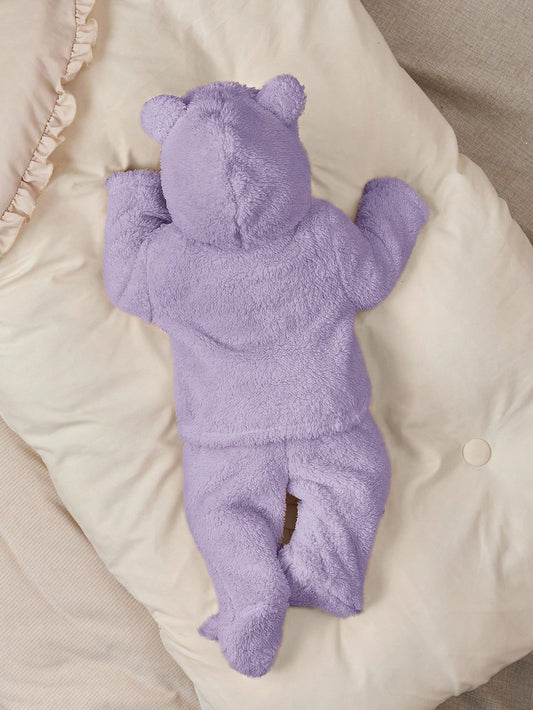 Newborn Baby Girl Cute Pink Fluffy Cartoon Pattern Hooded Jacket And Elastic Waist Pants Set