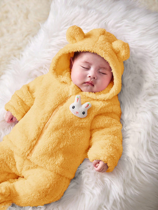 SHEIN Newborn Baby Girl Cute Pink Fluffy Cartoon Pattern Hooded Jacket And Elastic Waist Pants