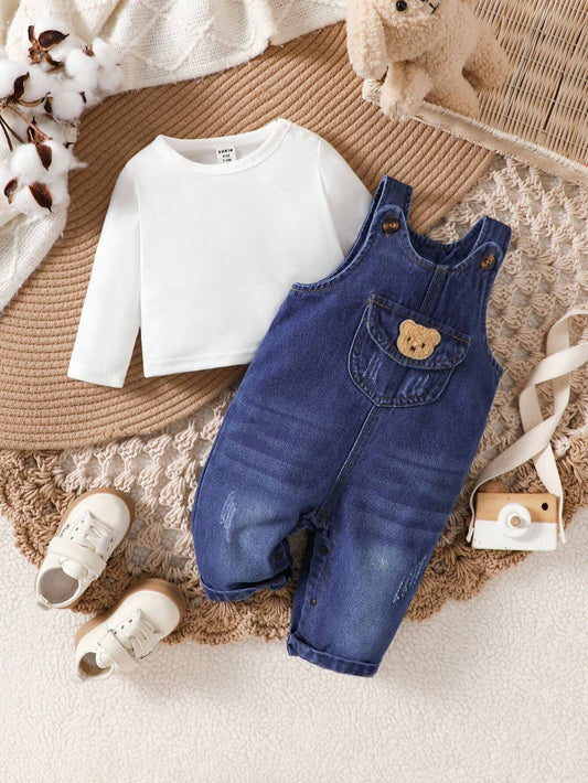 Crew Neck Long Sleeve Top And Sleeveless Denim Jumpsuit With Bear Patch-S
