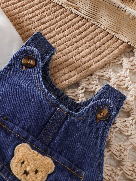 Crew Neck Long Sleeve Top And Sleeveless Denim Jumpsuit With Bear Patch-S