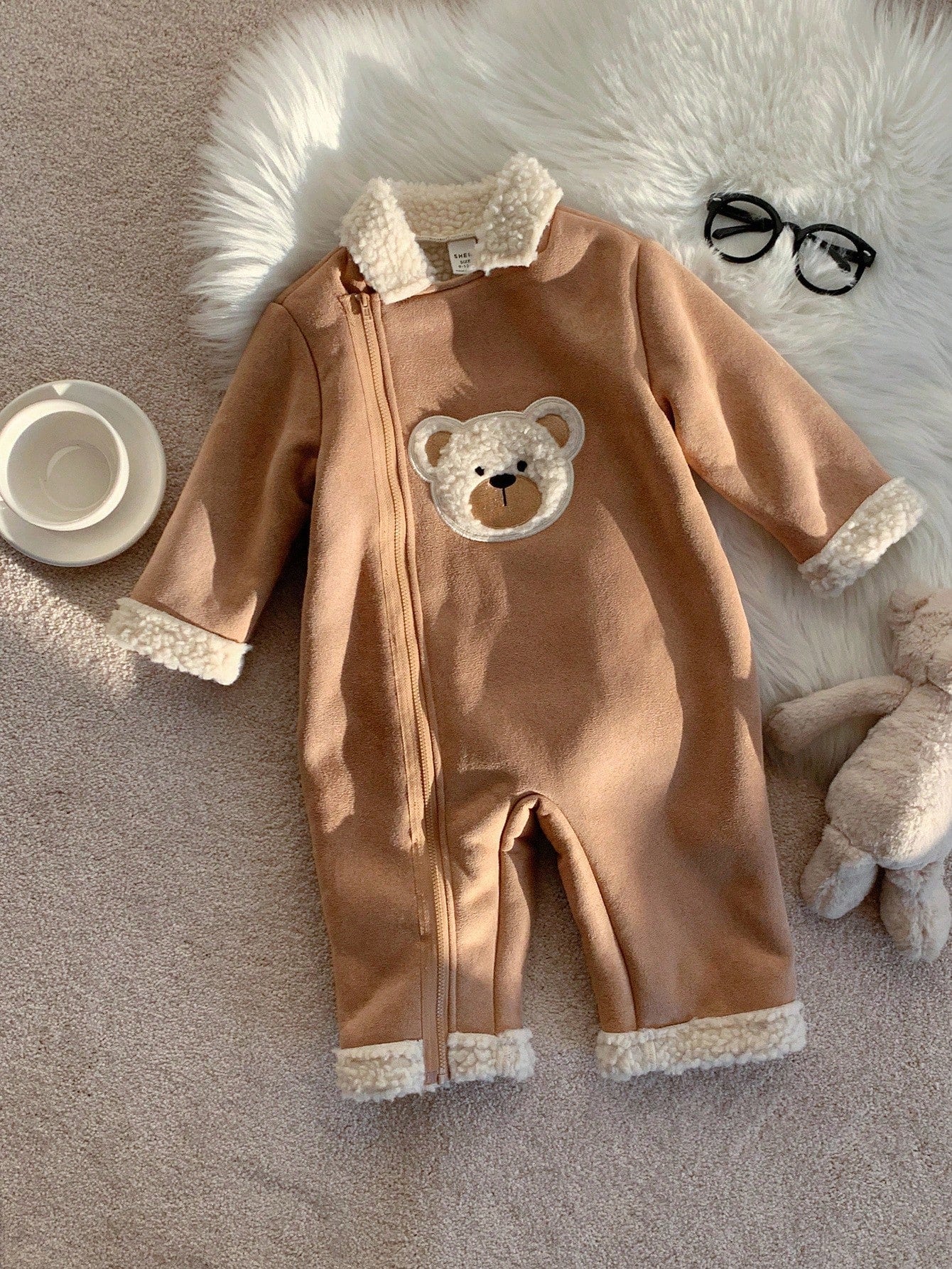 Baby Unisex Cartoon Bear Pattern Thermal Lined Hooded Jumpsuit