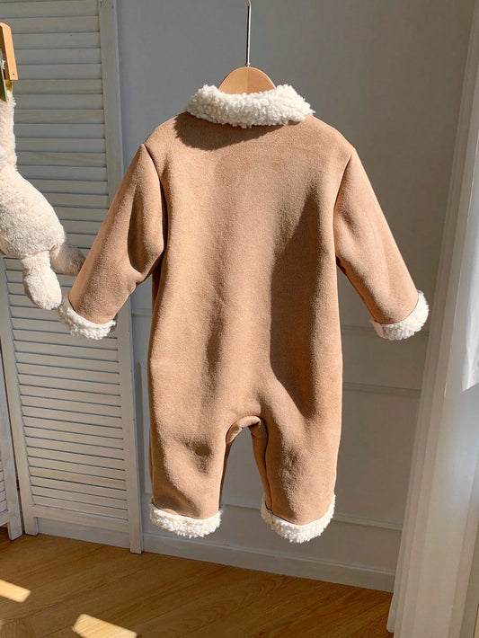 Baby Unisex Cartoon Bear Pattern Thermal Lined Hooded Jumpsuit