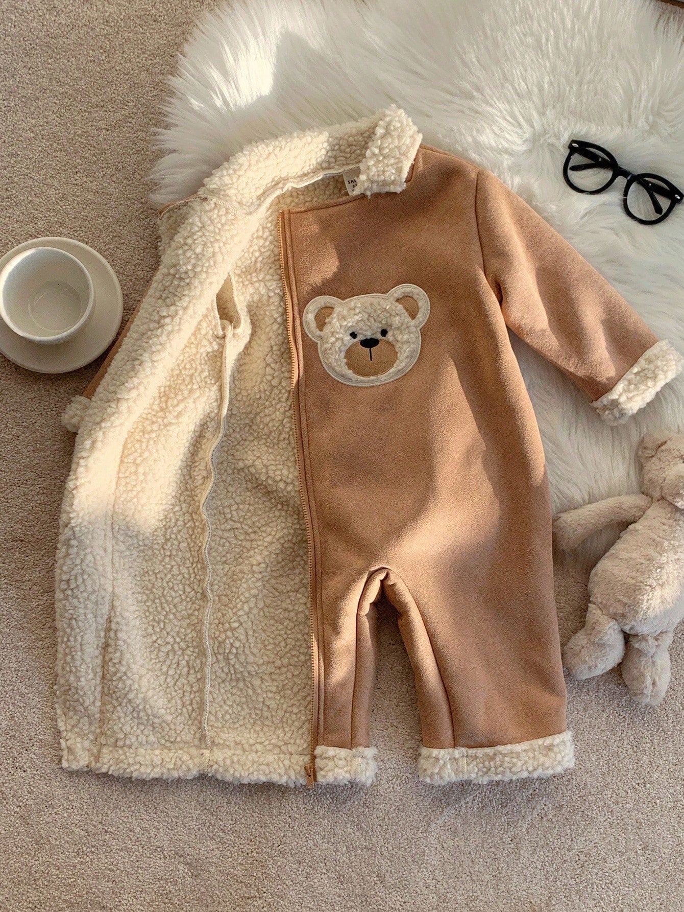 Baby Unisex Cartoon Bear Pattern Thermal Lined Hooded Jumpsuit Multicolor