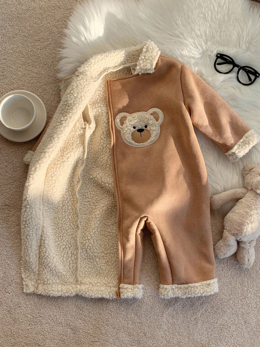 Baby Unisex Cartoon Bear Pattern Thermal Lined Hooded Jumpsuit Multicolor