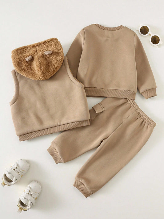 Hooded Zipper Vest + Round Neck Bear Print Long Sleeve Sweatshirt + Sweatpants