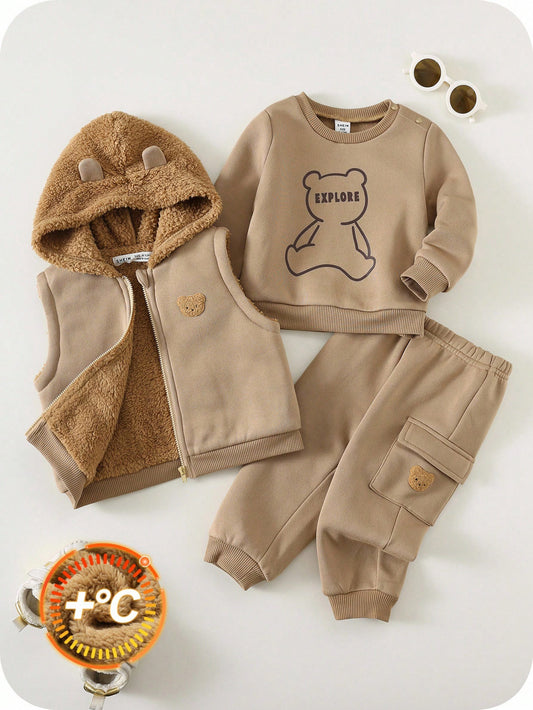 Hooded Zipper Vest + Round Neck Bear Print Long Sleeve Sweatshirt + Sweatpants 2-3Y