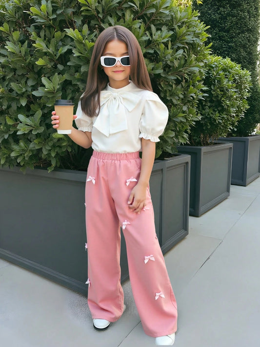 Tween Girl Detachable Bow Puff Sleeve Shirt And Leggings