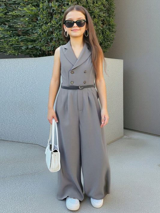 Tween Girls Casual Woven Solid Color Crew Neck Sleeveless Jumpsuit
