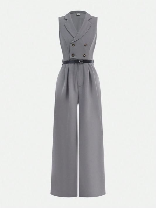 Nova Glow Woven Solid Color Crew Neck Sleeveless Jumpsuit