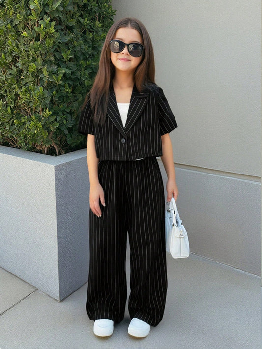 Tween Girls' Solid Woven Lapel Collar Short Sleeve Jacket And Straight Leg Pants