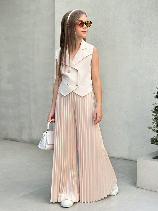 V-Neck Sleeveless Vest Top And Wide Leg Pleated Long Pants