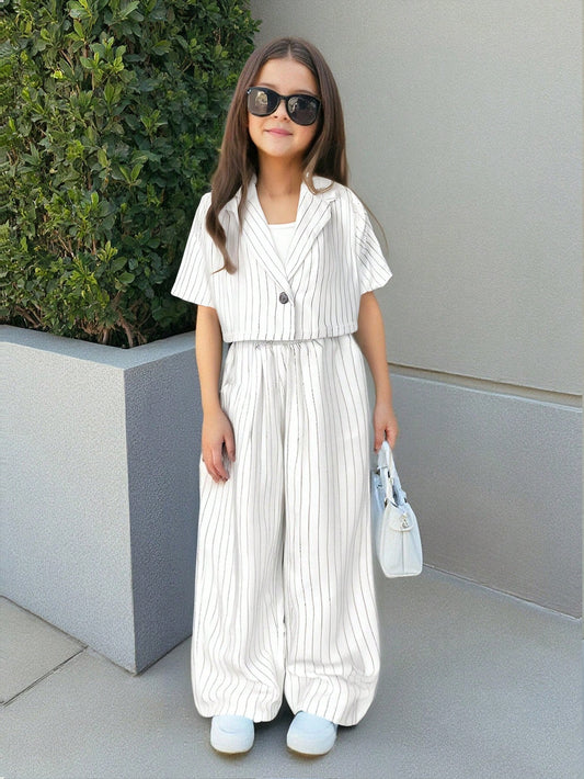 Tween Girls Woven Solid Color Lapel Neck Short Sleeve Jacket And Straight-Leg Pants 9Y