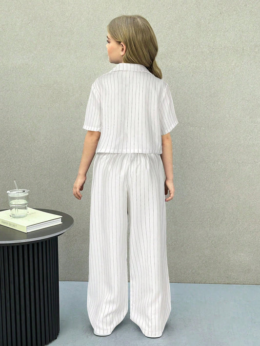 Tween Girls Woven Solid Color Lapel Neck Short Sleeve Jacket And Straight-Leg Pants