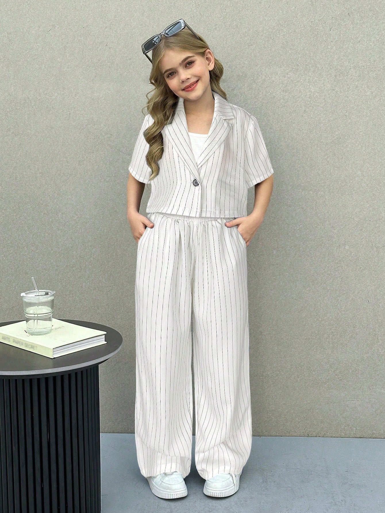 Tween Girls Woven Solid Color Lapel Neck Short Sleeve Jacket And Straight-Leg Pants
