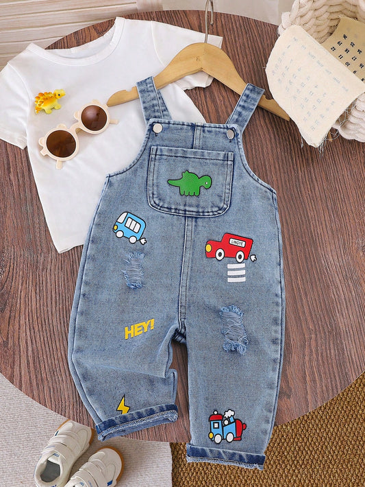 Vintage Cute Cartoon Dinosaur & Car & Letter Print Overall Jumpsuit