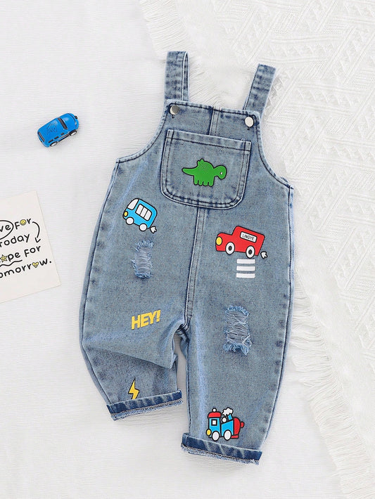 Mummy & Mee, Denim Jumpsuit Vintage Cute Cartoon Dinosaur & Car & Letter Print Overall Jumpsuit 18-24M