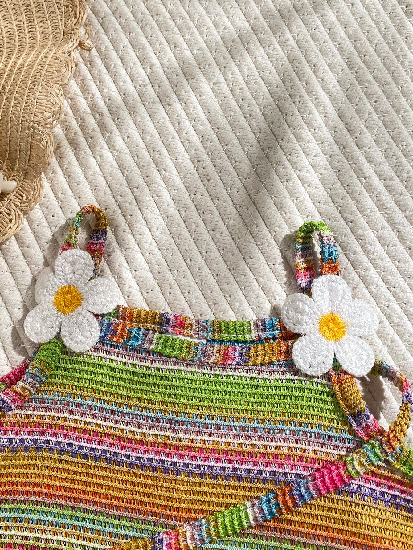 1pc Baby Girls' Rainbow Striped Knit Dress With Floral Decor