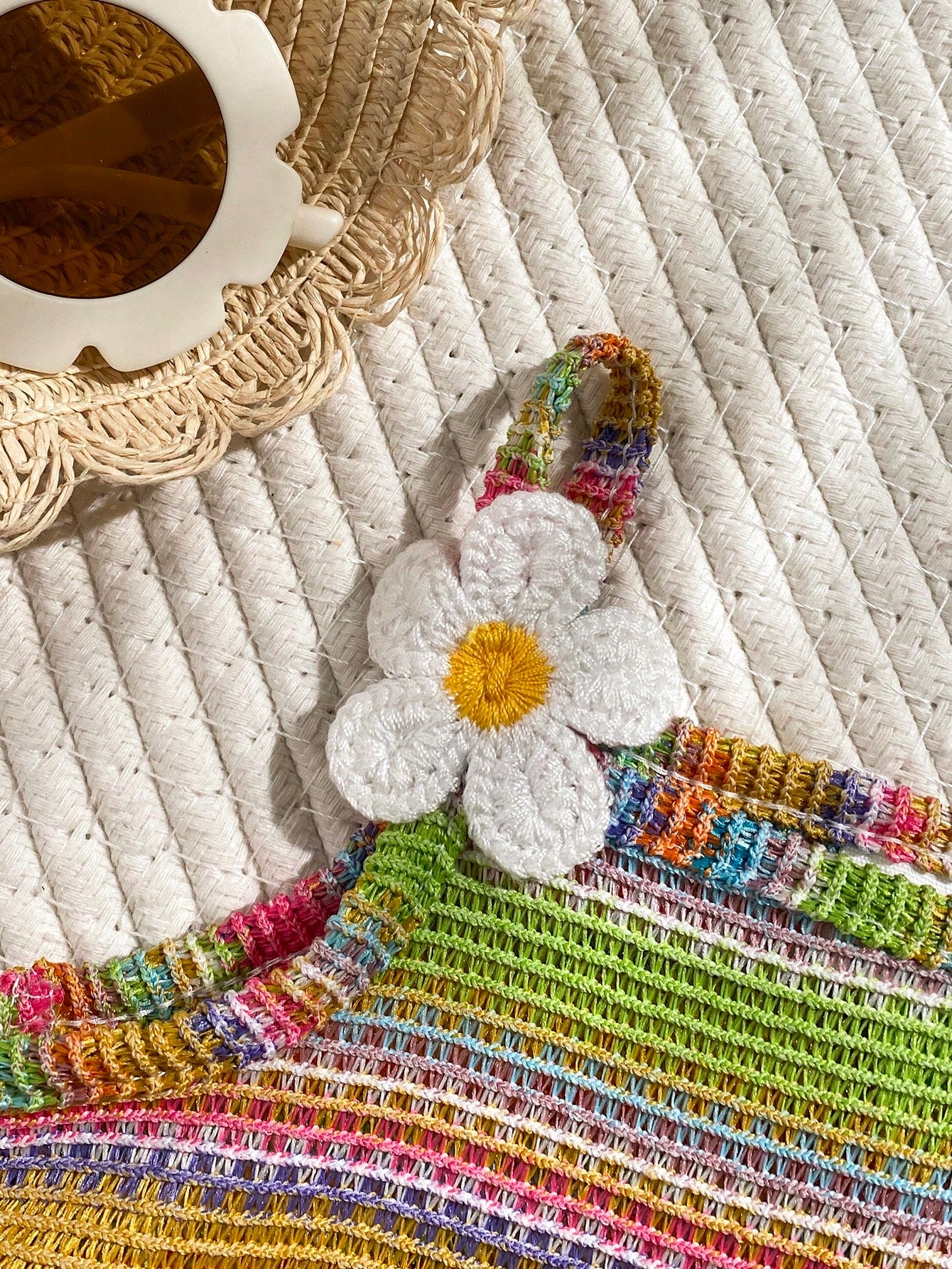 1pc Baby Girls' Rainbow Striped Knit Dress With Floral Decor