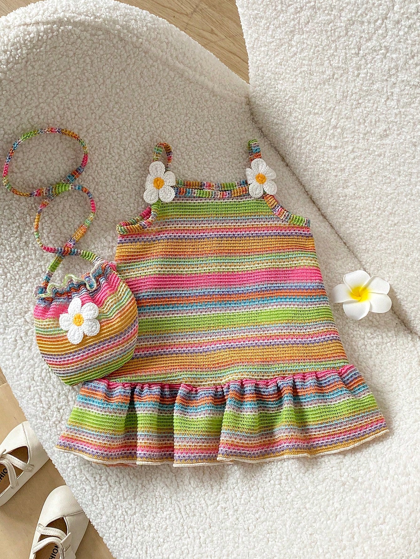 1pc Baby Girls' Rainbow Striped Knit Dress With Floral Decor