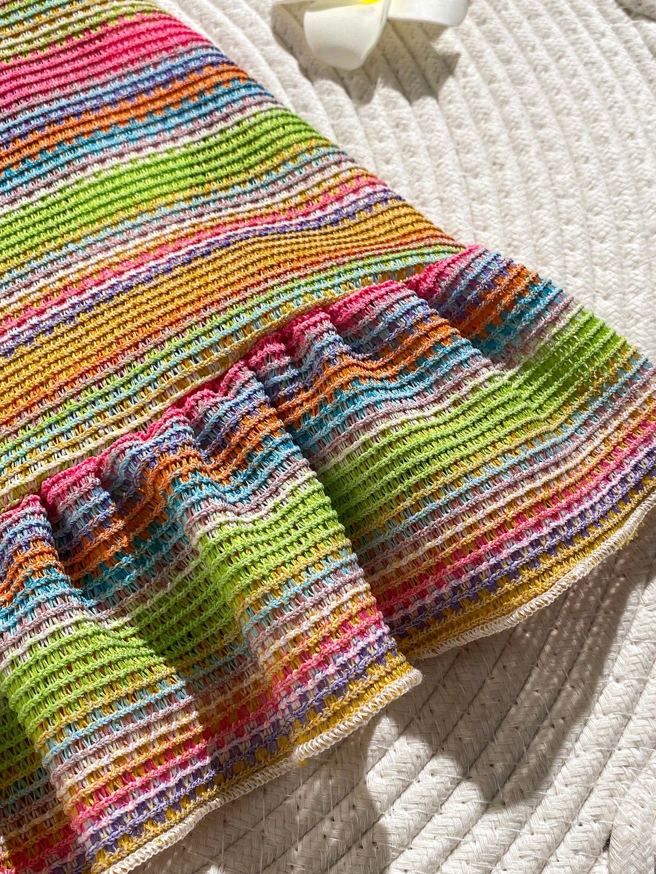 1pc Baby Girls' Rainbow Striped Knit Dress With Floral Decor
