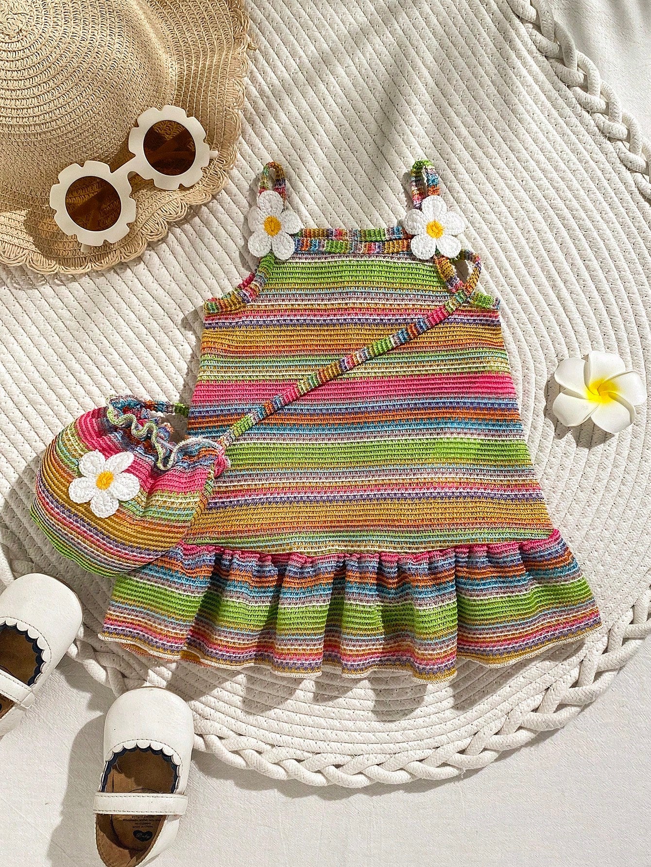 1pc Baby Girls' Rainbow Striped Knit Dress With Floral Decor