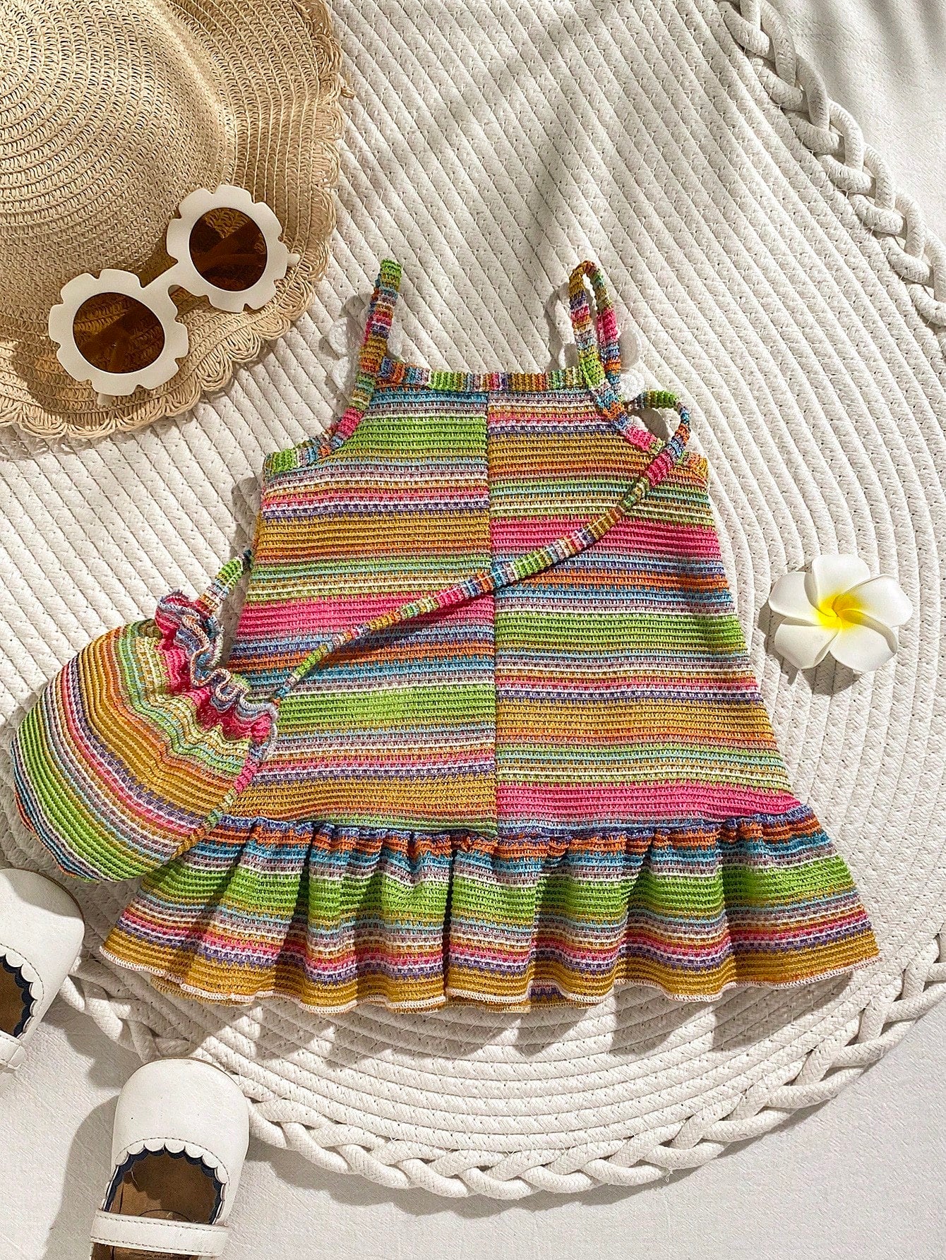 1pc Baby Girls' Rainbow Striped Knit Dress With Floral Decor