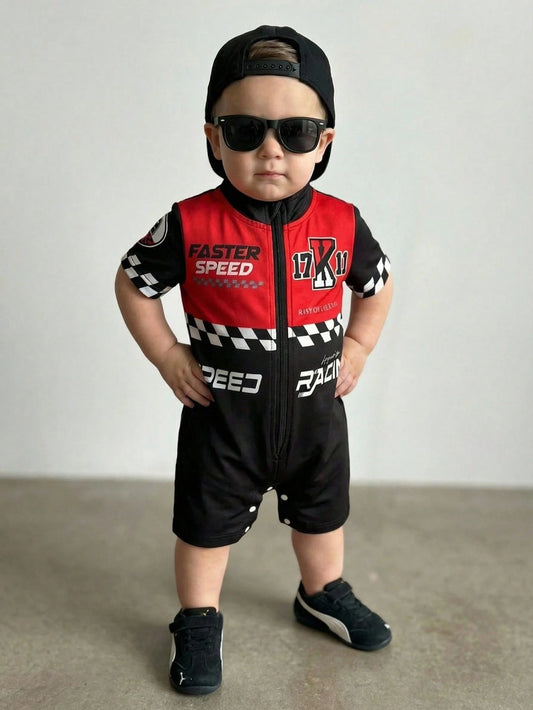 Boys' Fashion Racing Car Service Letter Badge Digital Print Contrast Color Design Zipper Closure