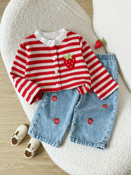 Strawberry Striped Embroidered Long Sleeve Round Neck Party Fall Holiday Outfits