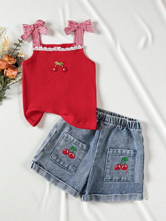 Baby Girl Set Cute And Fashionable Cherry Halter Top And Denim Shorts Set
