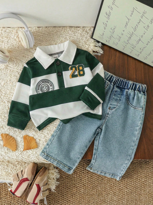 Mummy & Mee, 2pcs Baby Boy Casual Sports Collegiate Striped Polo Shirt And Blue Denim Jeans Set 6-9M