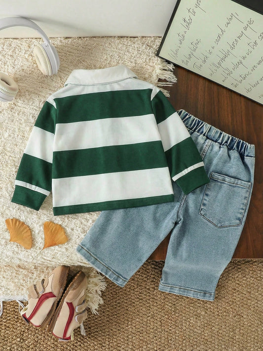 Mummy & Mee, 2pcs Baby Boy Casual Sports Collegiate Striped Polo Shirt And Blue Denim Jeans Set